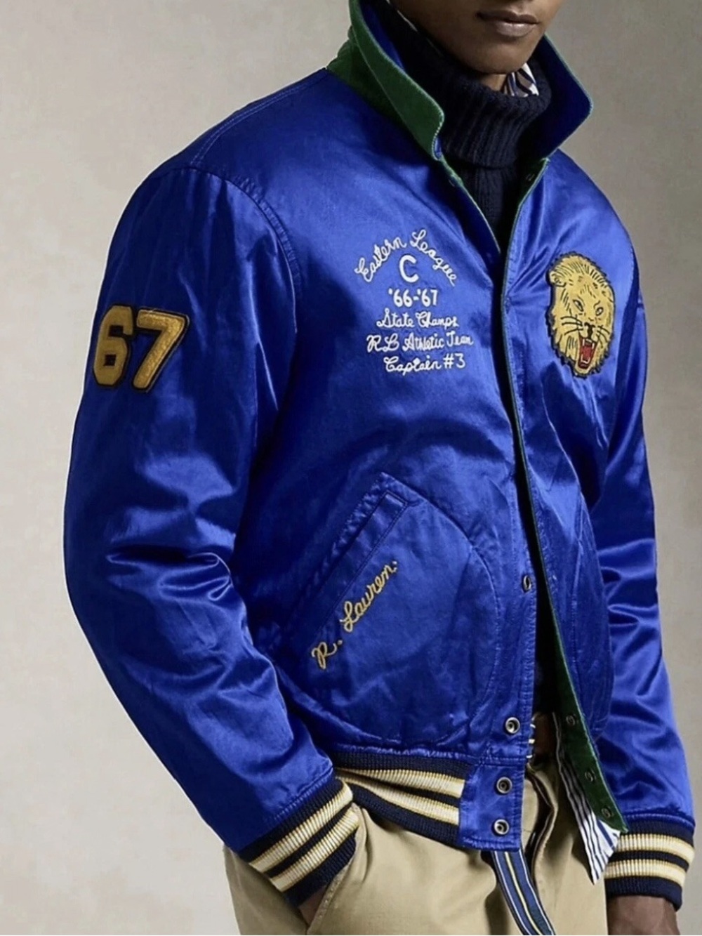 Polo Ralph Lauren Reversible Green Bronx Lion Royal Blue Tiger Satin Jacket L